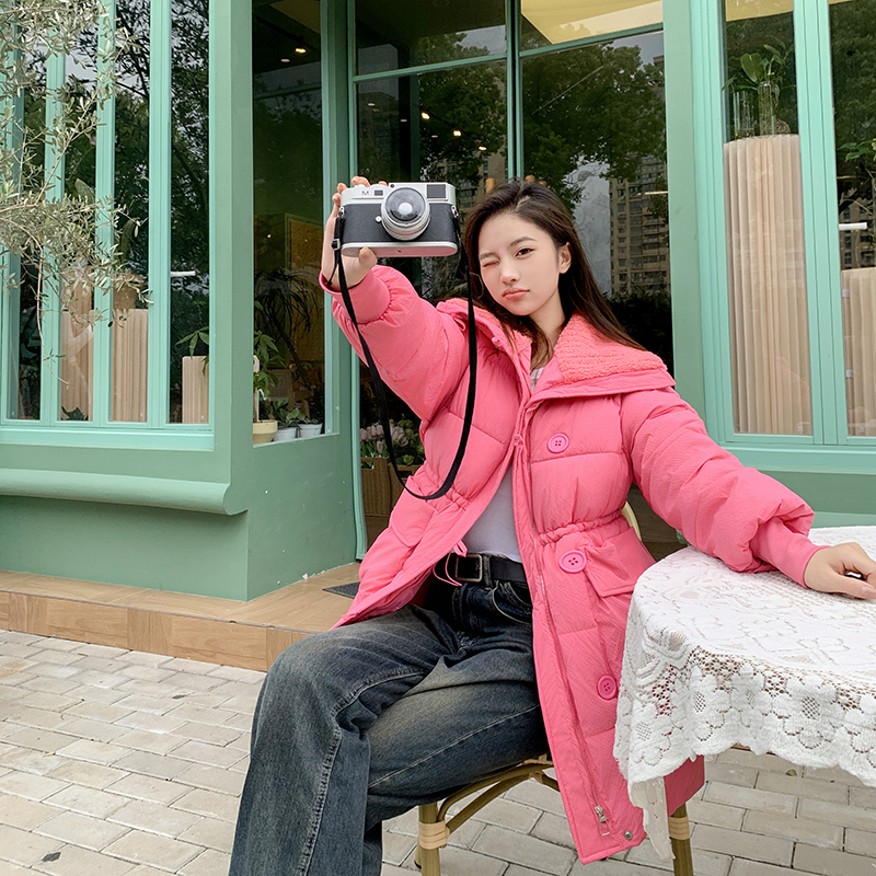 實拍網紅新款寬鬆休閒中長羽絨棉服保暖大口袋收腰棉衣外套女