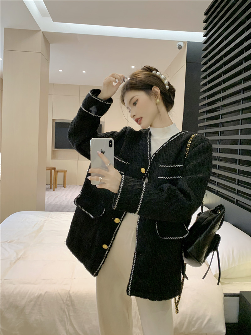 實拍2023秋冬新款撞色設計感法式小個子顯瘦百搭小香風外套女