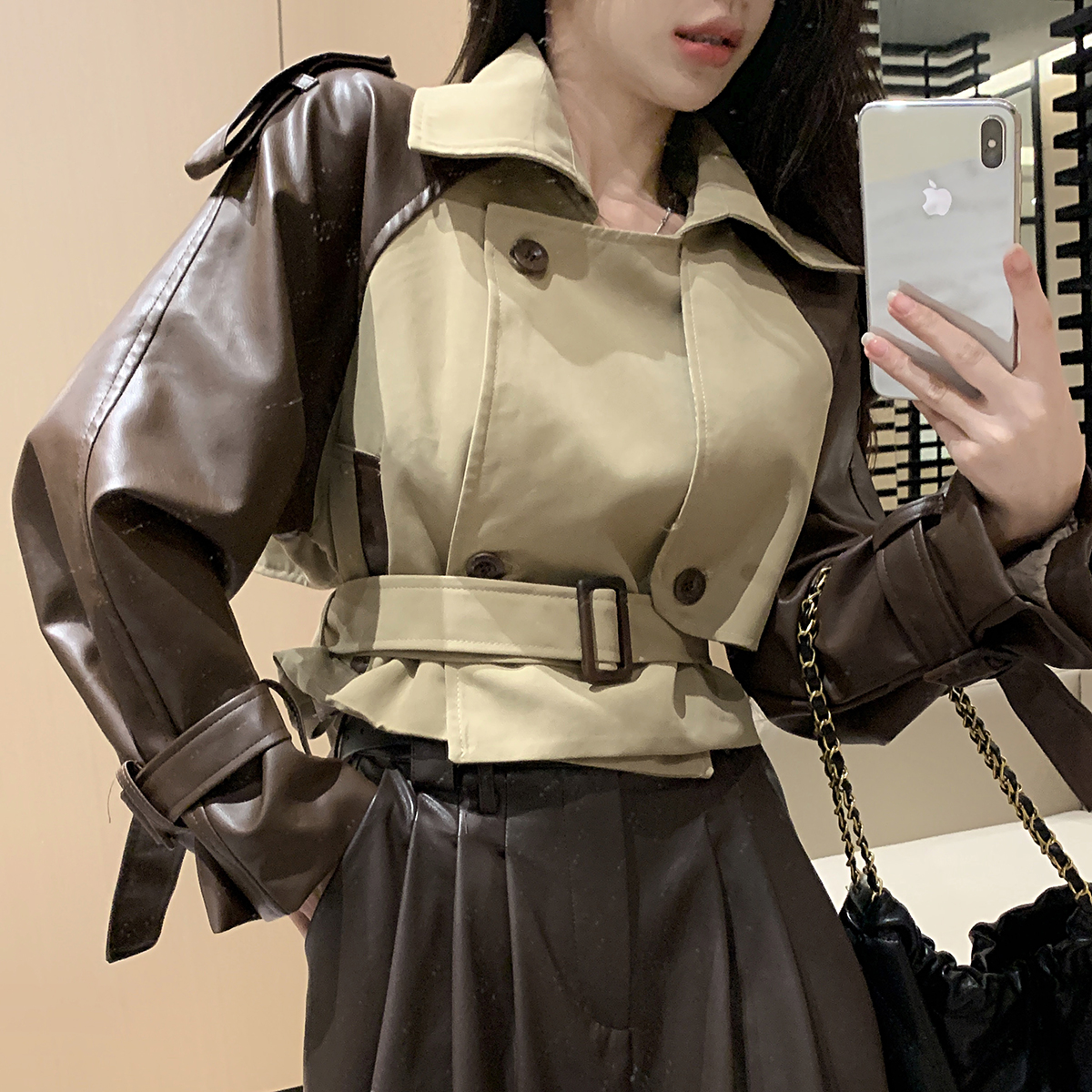 實拍英倫拼接PU皮短款風衣小個子2023新款秋季百搭夾克外套女
