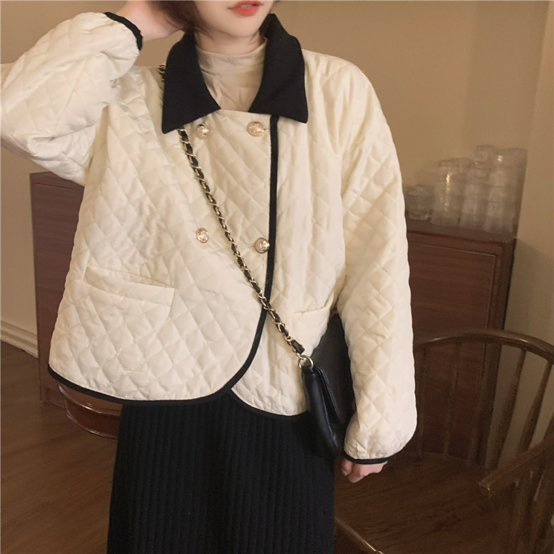 實拍！秋冬韓版撞色小香棉服女百搭設計感菱格氣質短款外套