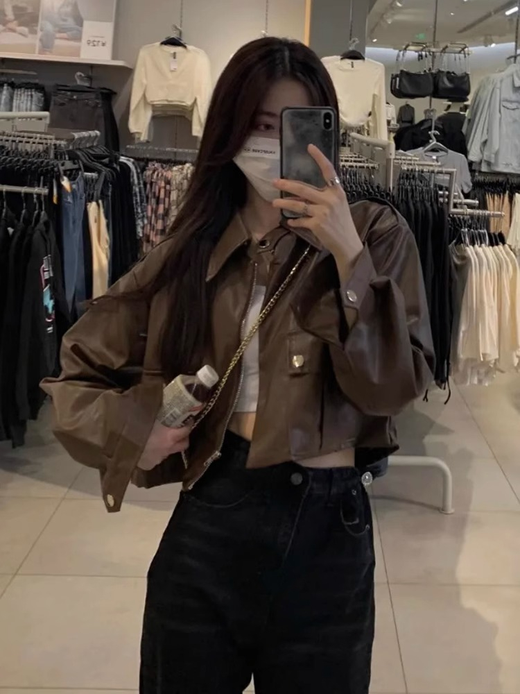 Hong Kong style retro brown leather jacket for women 2023 new style small fashion casual short motorcycle jacket