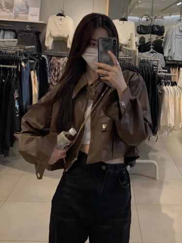 Hong Kong style retro brown leather jacket for women  new style small fashion casual short motorcycle jacket