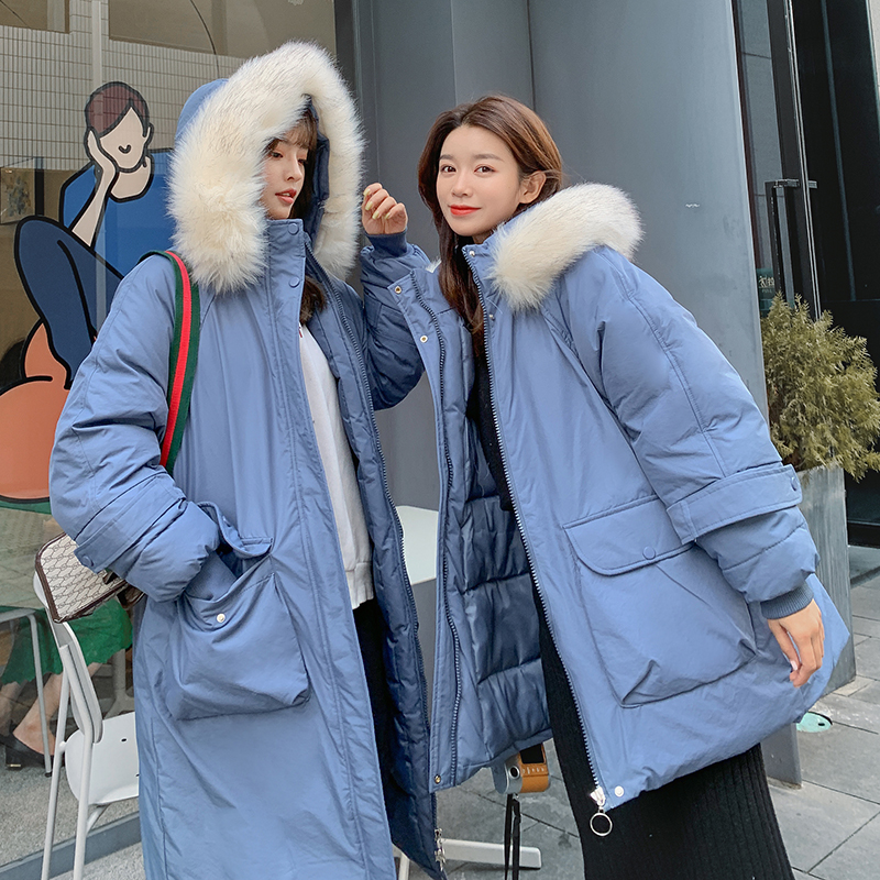 實拍韓版羽絨服女中長款長過膝2023年新款冬大毛領收腰派克服