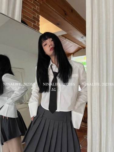 韩国年春季新款宽松休闲百搭学院风减龄短款白色衬衫女配领带