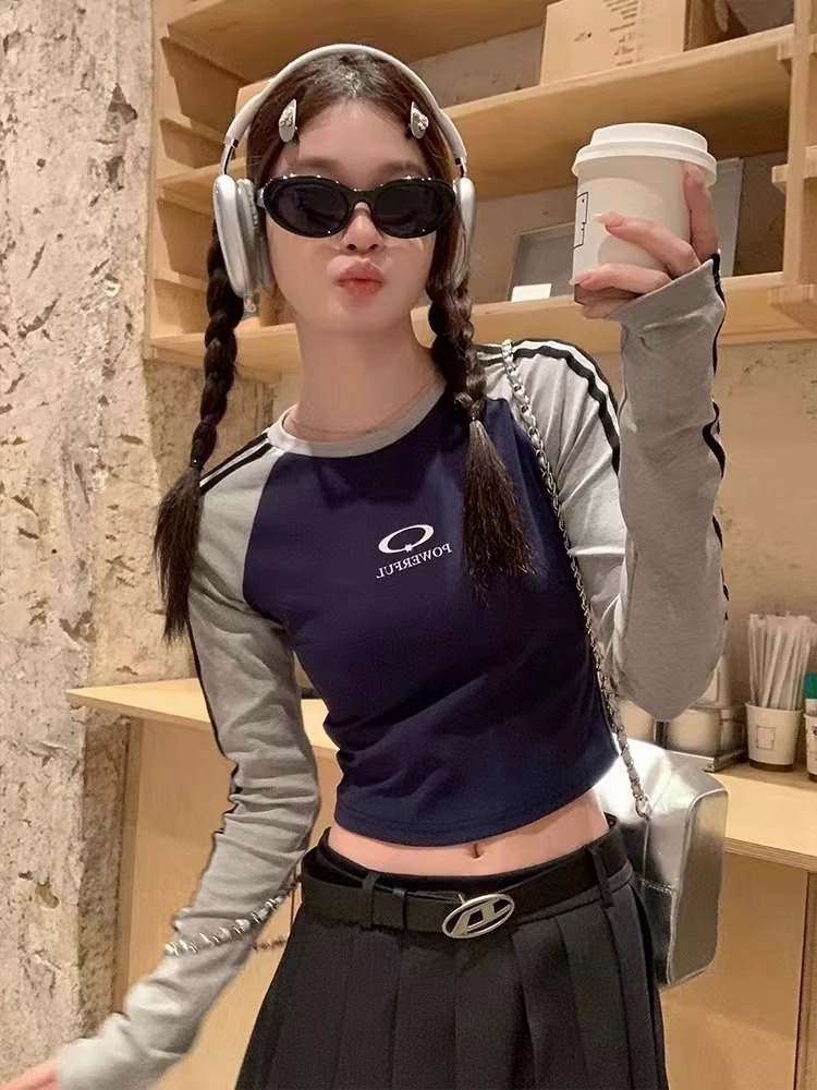 Official Photo Raglan Sleeve T-shirt Autumn 2023 New Short Slim Long Sleeve Top Contrast Color Splicing Round Neck Bottoming Shirt