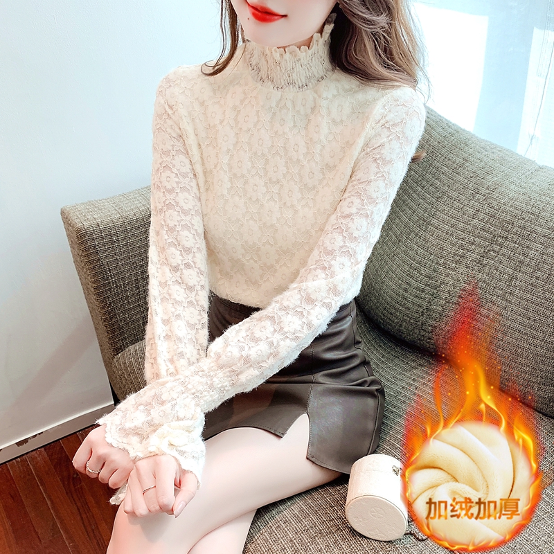 洋氣半高領蕾絲打底衫女冬季新款加絨加厚內搭上衣氣質小衫