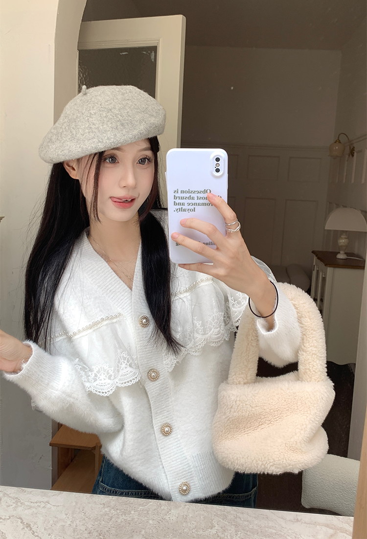 實拍 早秋溫柔系氣質蕾絲拼接單排扣毛衣開衫