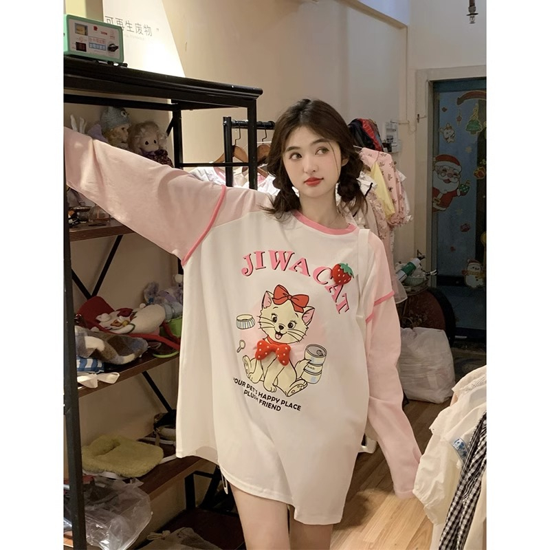 春秋季甜美撞色長袖T恤女2023新款寬鬆設計感拼接卡通印花上衣