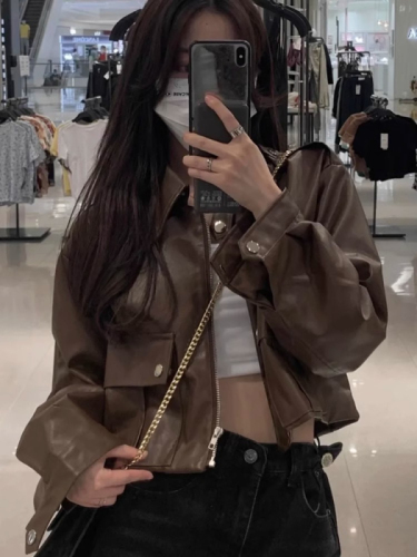 Hong Kong style retro brown leather jacket for women  new style small fashion casual short motorcycle jacket