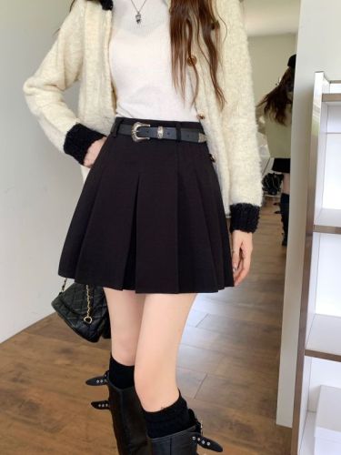 Actual shot~Korean style high-waisted slimming design hot girl age-reducing pleated skirt woolen A-line short skirt