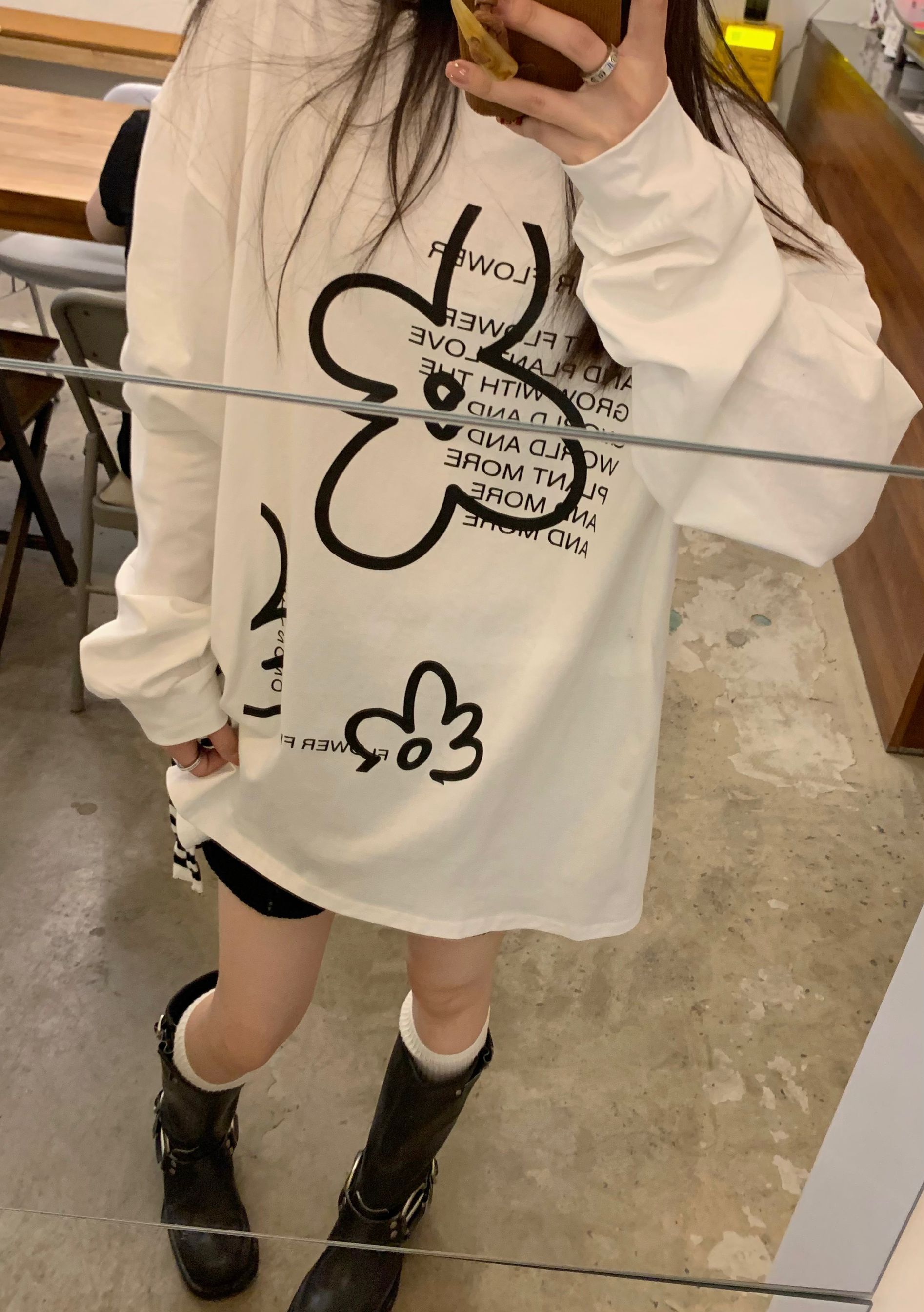 實拍~小眾復古寬鬆休閒花朵字母印花加厚T恤中長款長袖百搭
