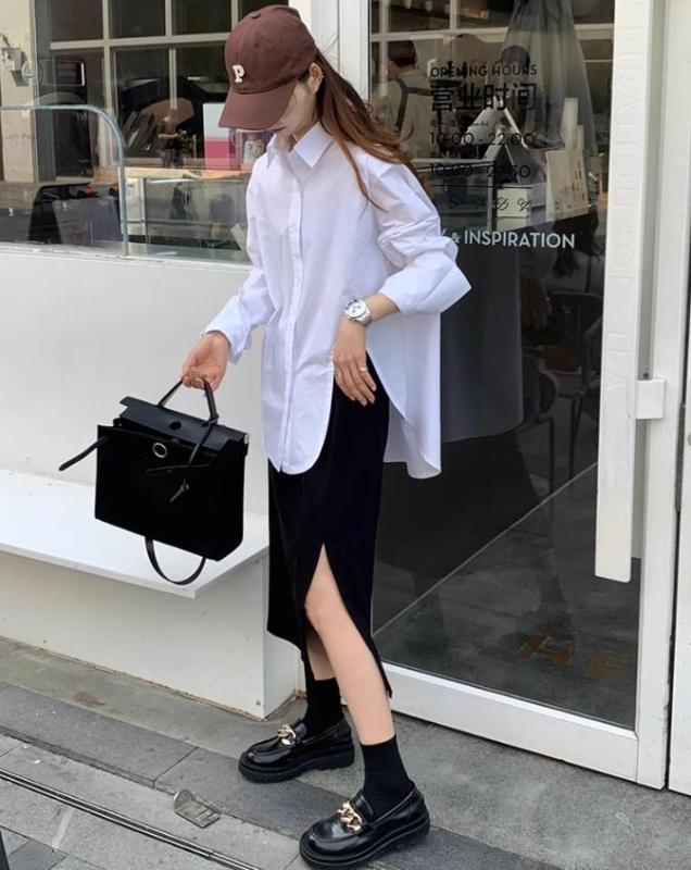 藍色襯衫上衣女2023年秋冬季新款小眾設計感寬鬆休閒百搭長袖襯衣