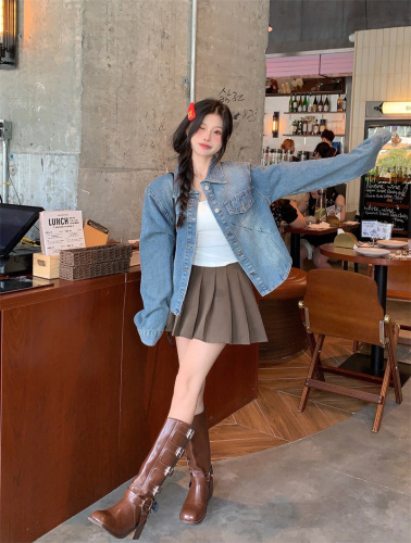 Real shot ~ Retro short long-sleeved Korean style slimming denim jacket for women