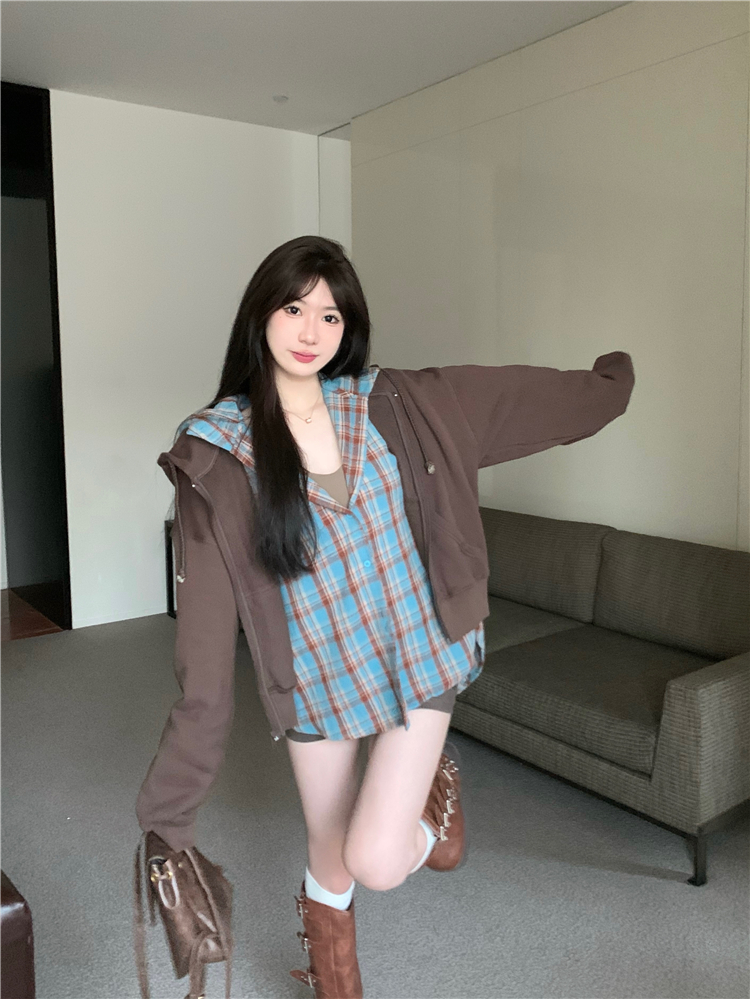實拍~條紋格子連帽襯衫+百搭復古咖色外套女