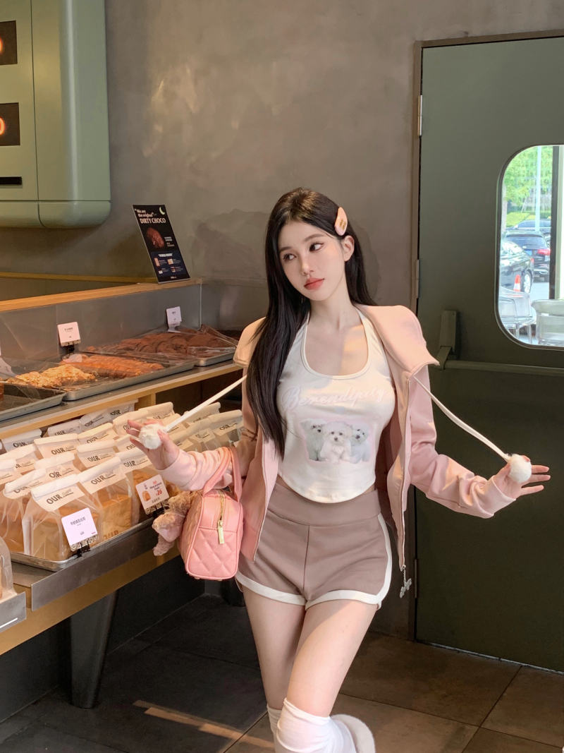 Real shot Han Gao trainee autumn long-sleeved sweatshirt lapel pink short coat sports top suit for women