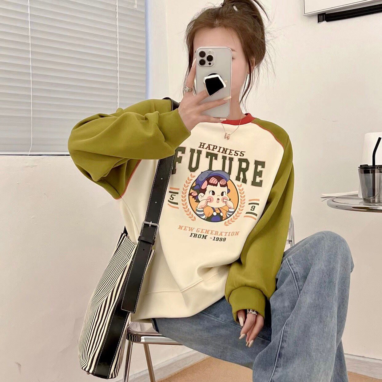 2023不二家插肩袖卡通小女孩衛衣奶油妹圓領顯瘦百搭上衣新款秋冬