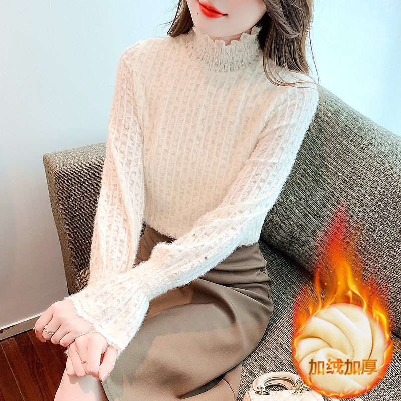 洋氣喇叭袖蕾絲打底衫女冬新款韓版長袖加絨加厚內搭小衫上衣