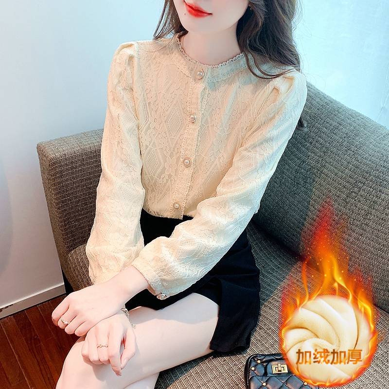 時尚蕾絲打底衫女士冬裝年新款加絨加厚時髦洋氣小衫法式上衣
