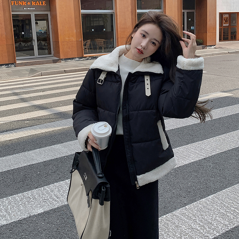 實拍羊羔毛2023冬季新款棉服短款女立領寬鬆休閒加厚麵包服外套