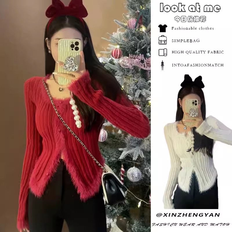Red soft waxy knitted sweater autumn clothing for women 2023 new sweet hot girl design slim long-sleeved short jacket