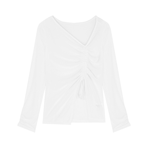 白色防晒罩衫长袖t恤女装秋季不规则设计感小众薄款抽绳上衣外搭