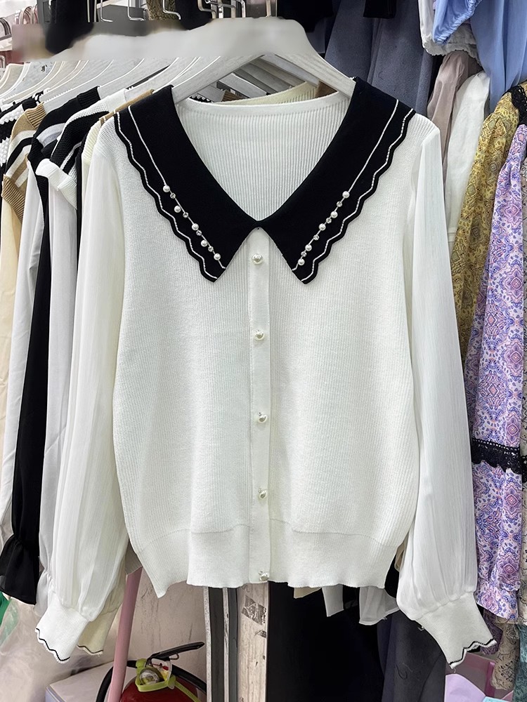 Contrast color doll collar sweater for women 2023 new autumn fashion style chiffon stitching long-sleeved bottoming shirt top