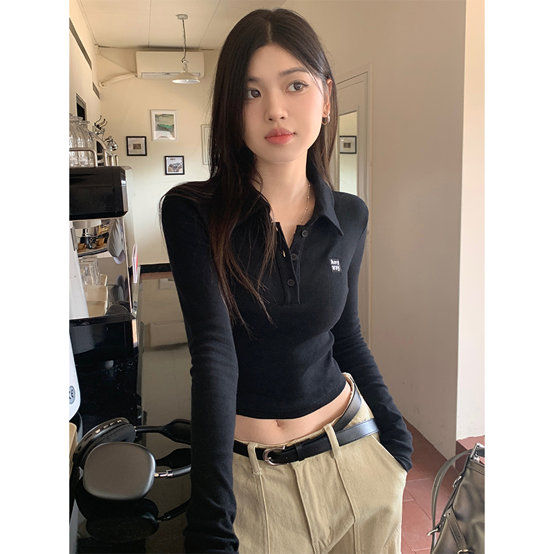 實拍短款收腰Polo領長袖上衣女2023甜辣打底衫修身百搭T恤秋季