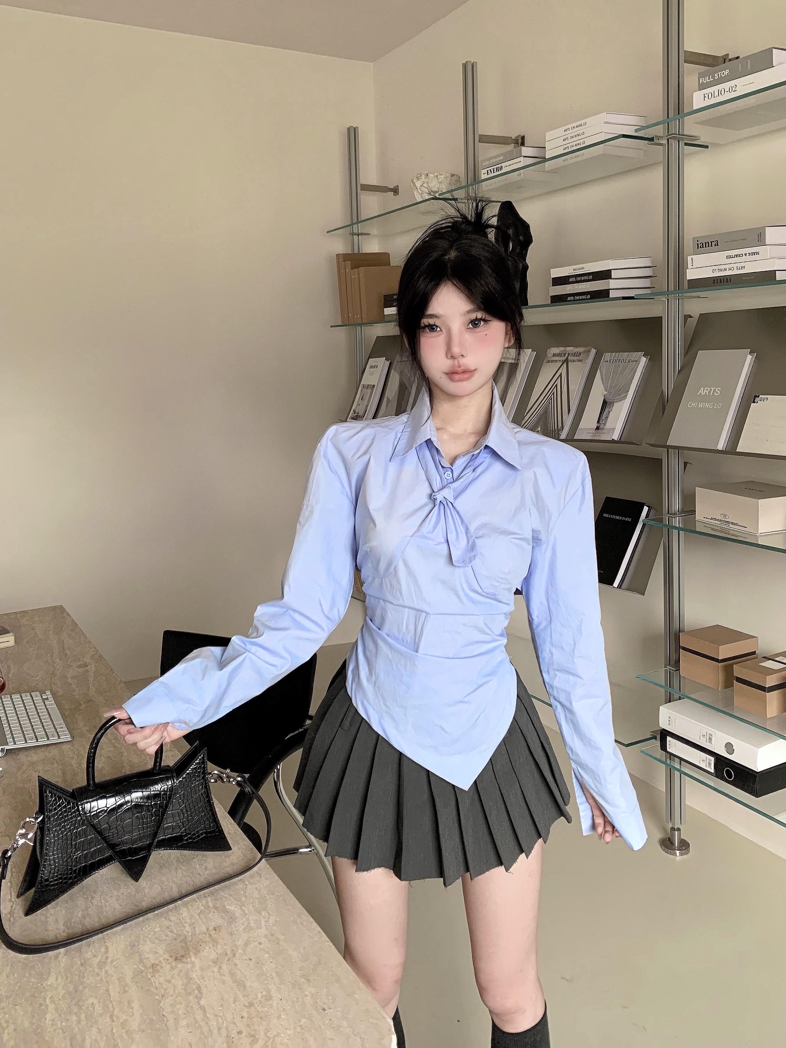 實拍~新款設計感小眾修身顯瘦開衫翻領長袖襯衫上衣女