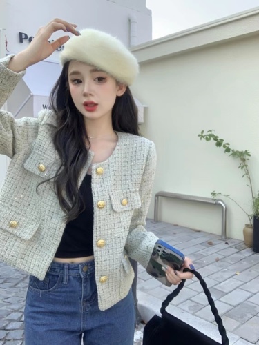 Xiaoxiangfeng short jacket  autumn new style high-end and elegant lady style versatile round neck top for small people