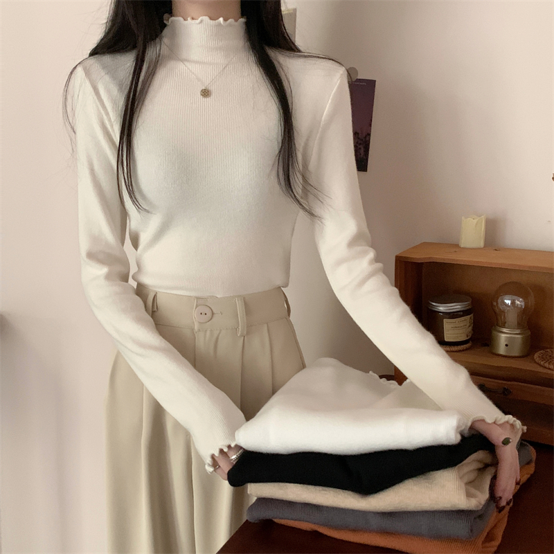 實拍  秋季新款半高領打底衫女木耳邊針織衫上衣