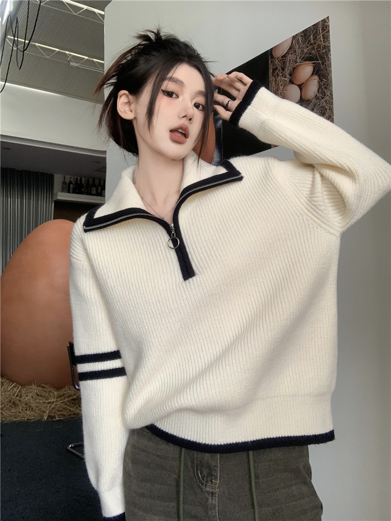 實拍 秋季韓版寬鬆慵懶風短款撞色學院風針織毛衣套頭外套女