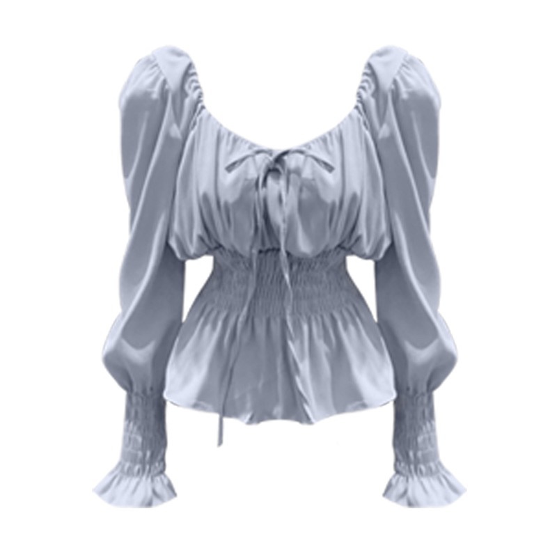 French retro square-neck puff-sleeve top with waist slimming, long-sleeved temperament, collarbone gentle style blue shirt for women