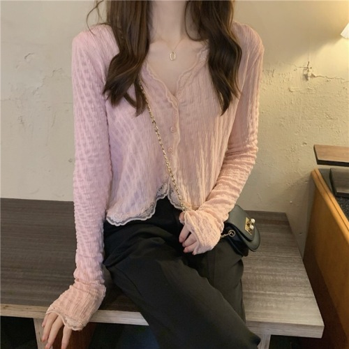 Korean style V-neck lace trim long-sleeved shirt for women with versatile design, sweet temperament and slimming top