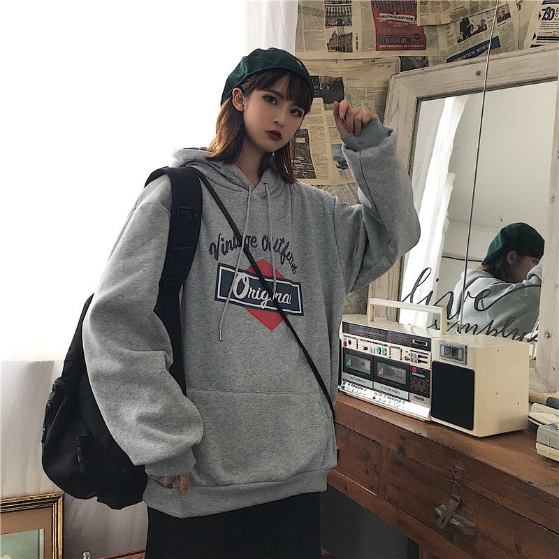 加絨加厚大衛衣 新款秋冬學生寬鬆班服加絨連帽衛衣女
