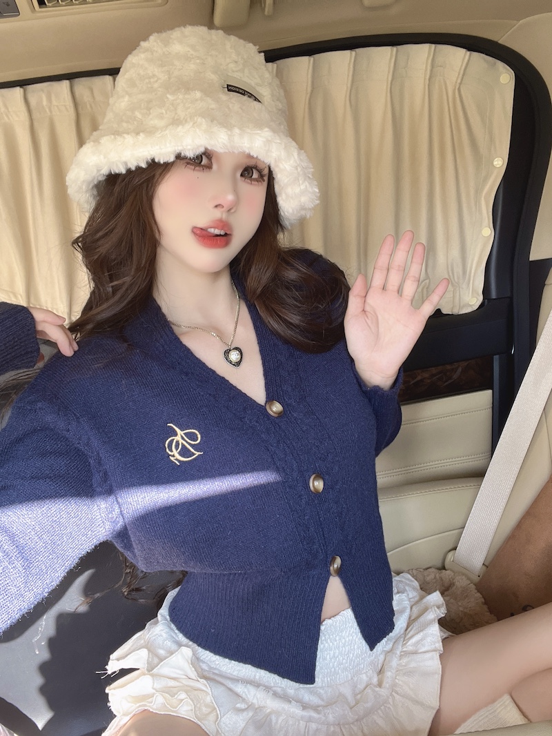 實拍  設計感麻花v領修身毛衣針織開衫外套式女秋季短款上衣