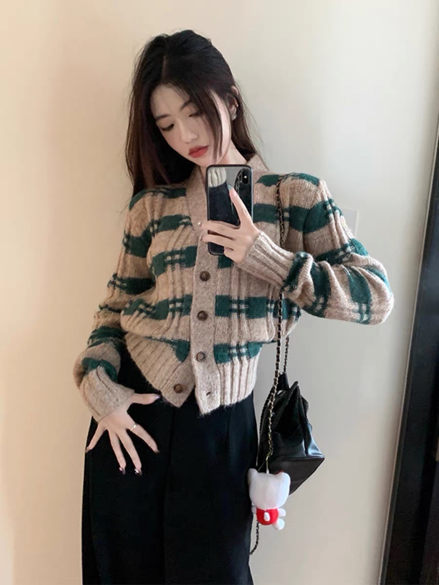 條紋v領拼色毛衣開衫外套女2023初秋新款慵懶寬鬆外穿針織衫上衣