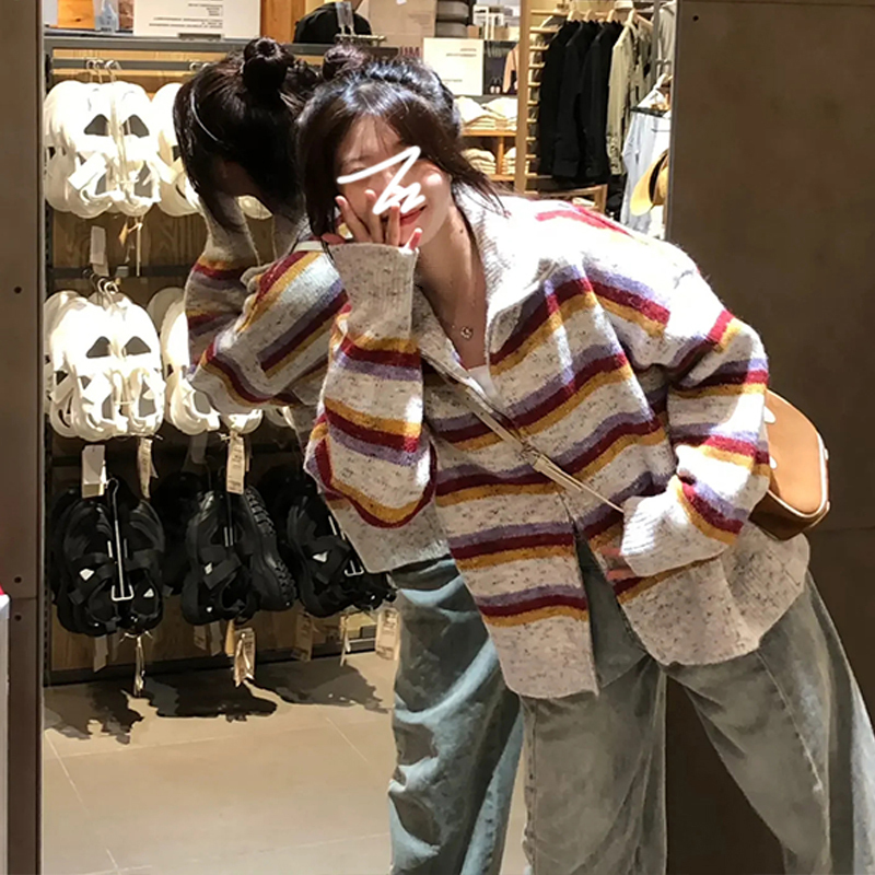 美式復古條紋毛衣外套女春秋2023新款早秋針織開衫小個子香風