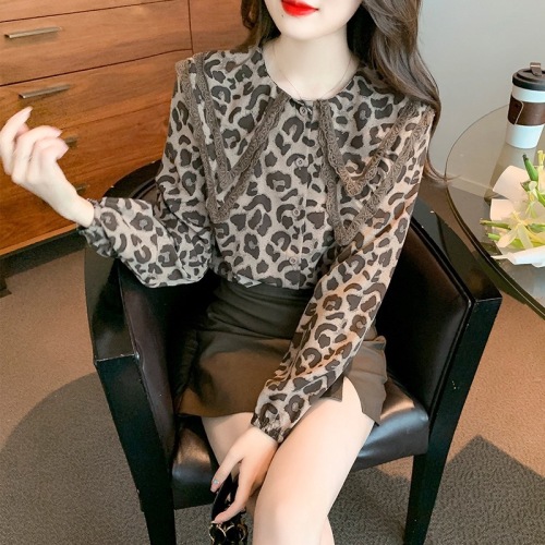 韩版气质优雅时髦高级设计感双层娃娃领豹纹衬衫女ins潮秋装上衣