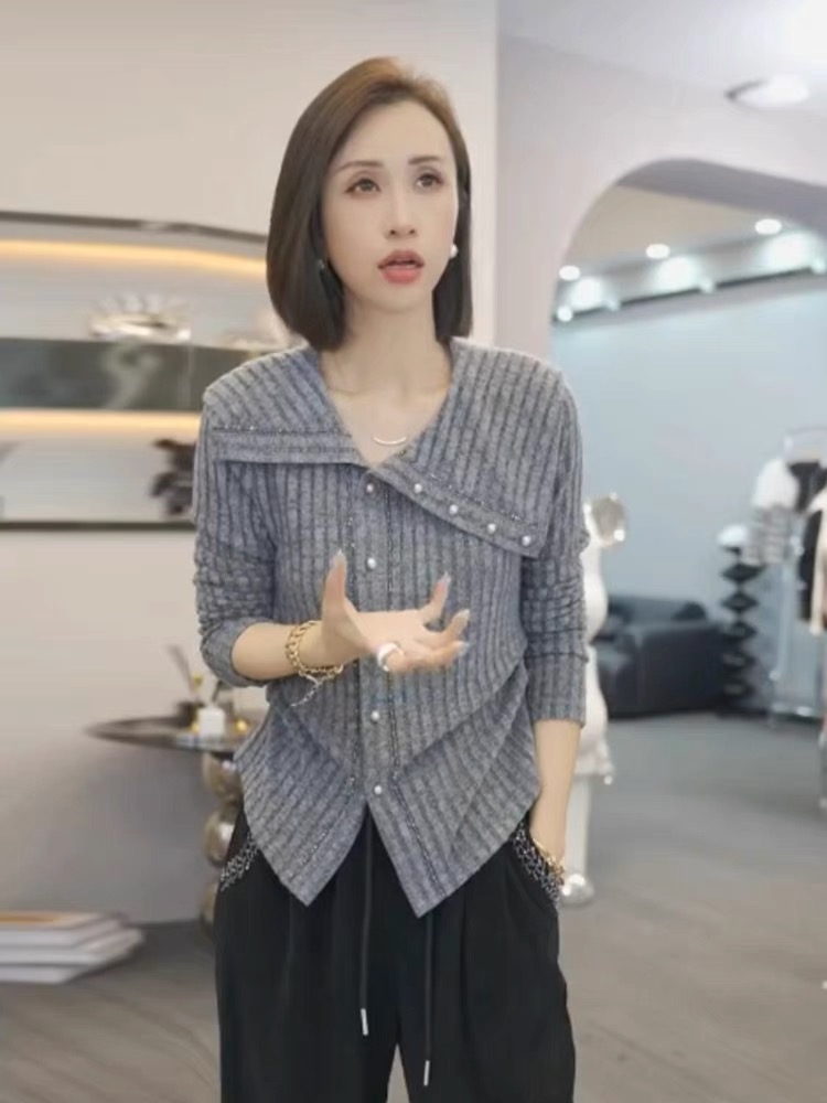 輕奢女裝2023早秋新款重工串珠披肩娃娃領毛衣女百搭條紋針織上衣
