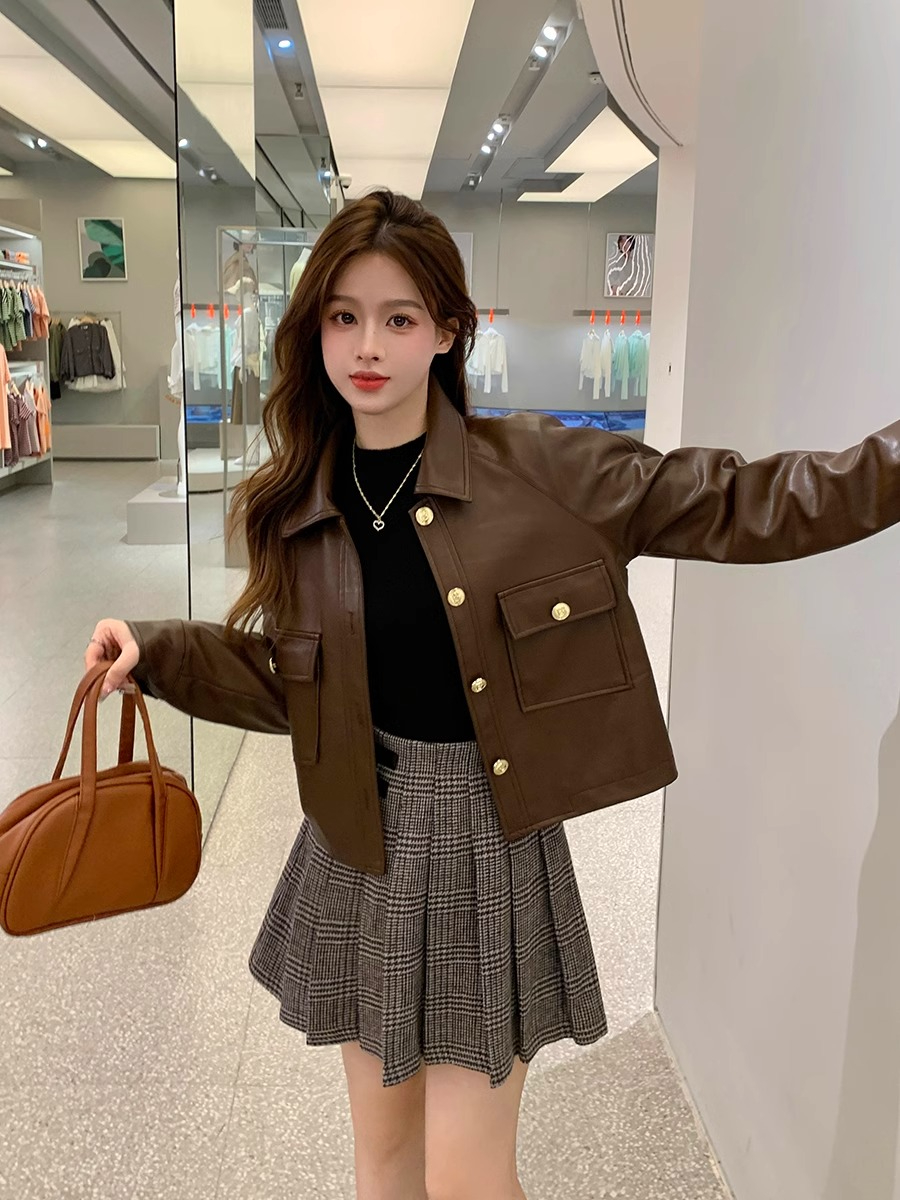 復古皮衣夾克外套女秋季2023新款寬鬆短款機車服設計感長袖上衣潮