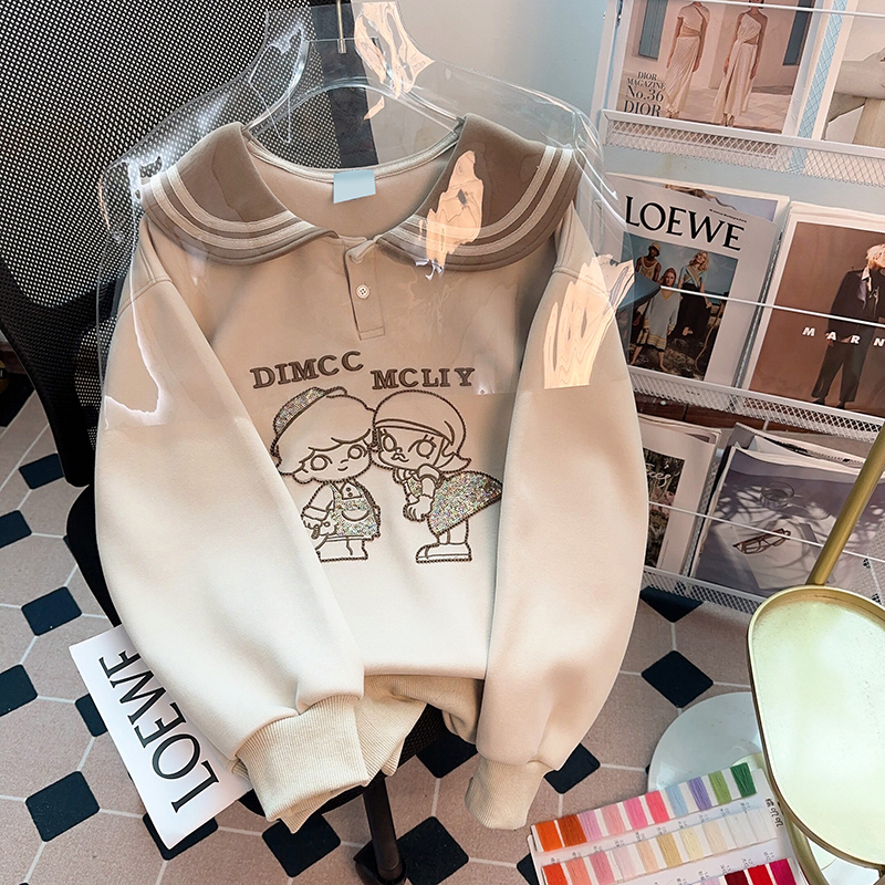 實拍華棉刷毛複合320克春秋薄款衛衣女刺繡花海軍領大碼女裝200斤