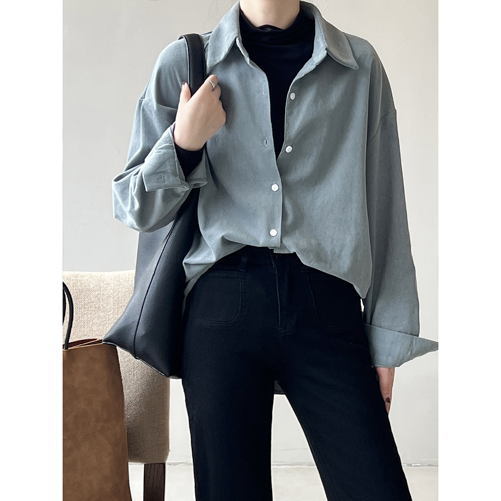 Actual shot ~ Korean style corduroy shirt for women 2023 autumn and winter new design niche loose long-sleeved shirt