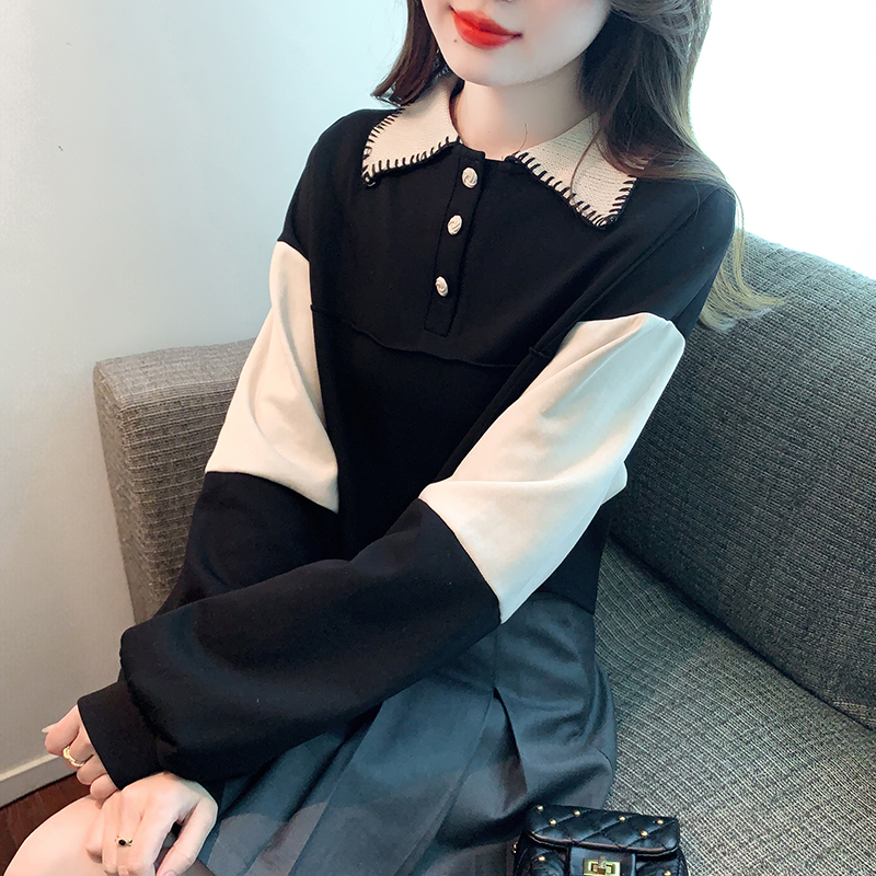 實拍2023秋季撞色長袖衛衣女POLO領套頭設計感百搭休閒上衣潮