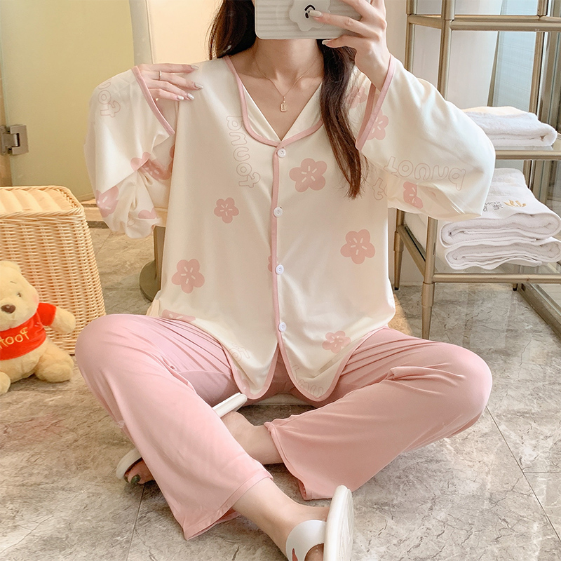 實拍睡衣女春秋季翻邊開衫寬鬆大碼可愛卡通甜美家居服套裝