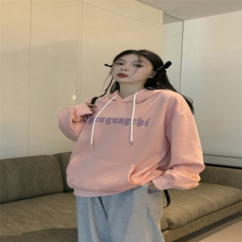Velvet thickened American letter print loose hooded sweatshirt 2023 women's autumn new outer top