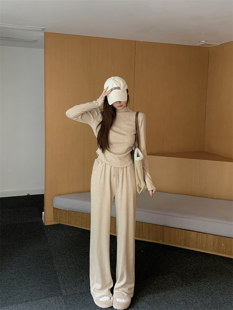 Actual shot of cashmere stand-up collar slim pleated autumn and winter high-waisted straight wide-leg trousers two-piece set for women