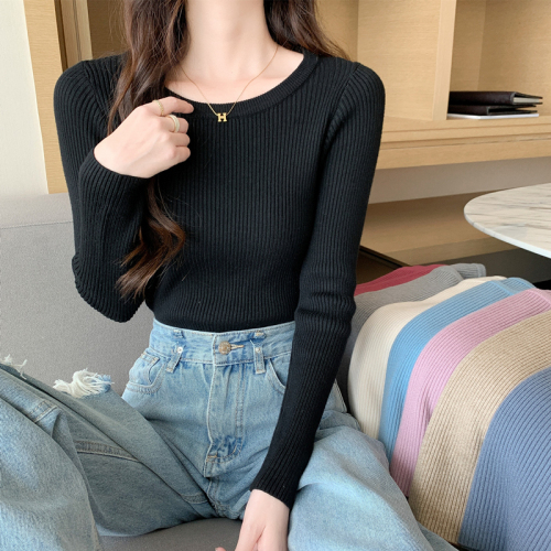 Spring and Autumn  New Round Neck Slim Fit Long Sleeve Bottoming Sweater Top Western Style Inner Sweater Women Autumn and Winter