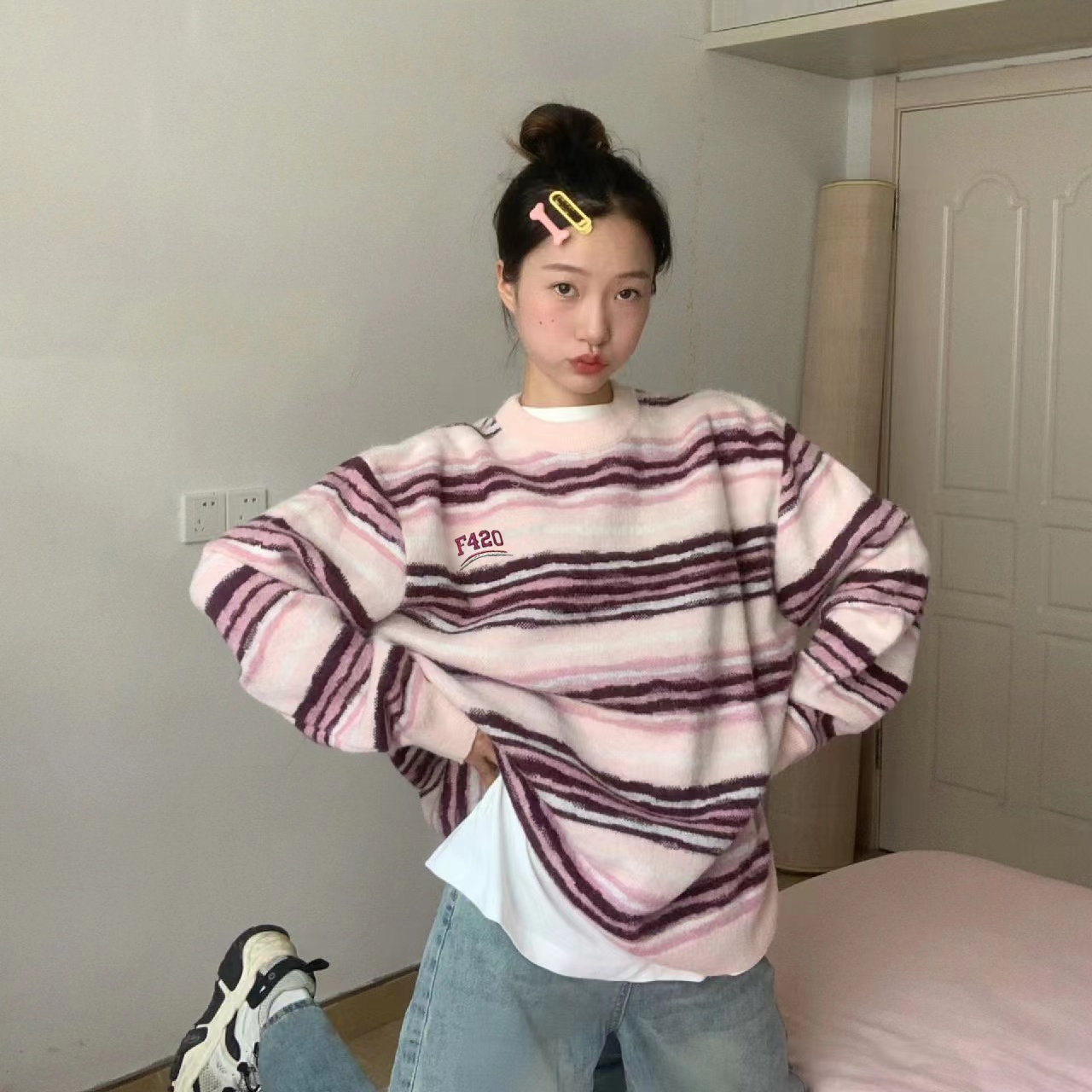 慵懶風條紋毛衣女秋冬2023新款寬鬆小個子溫柔軟糯套頭針織衫上衣
