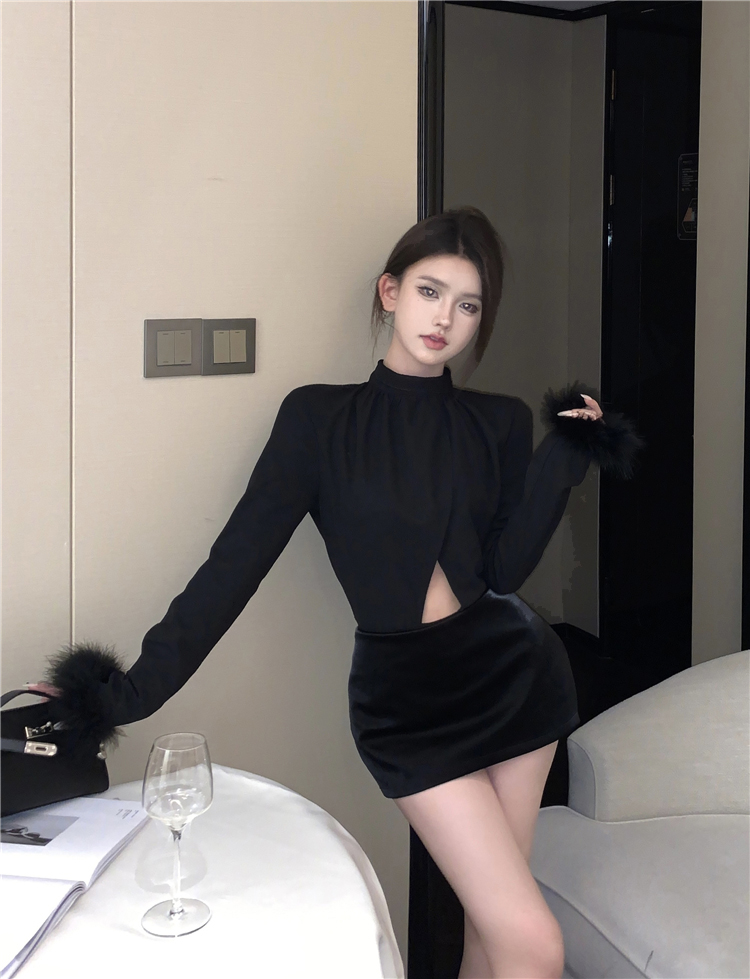實拍   赫本風黑色襯衫女高級感顯瘦氣質鴕鳥毛上衣+半身皮裙