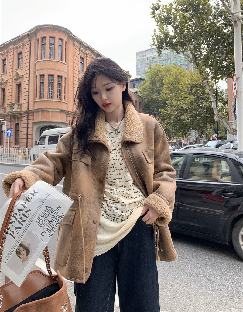 實拍 冬季加厚鹿皮絨雙面穿機車服美拉德皮毛一體羊羔毛外套